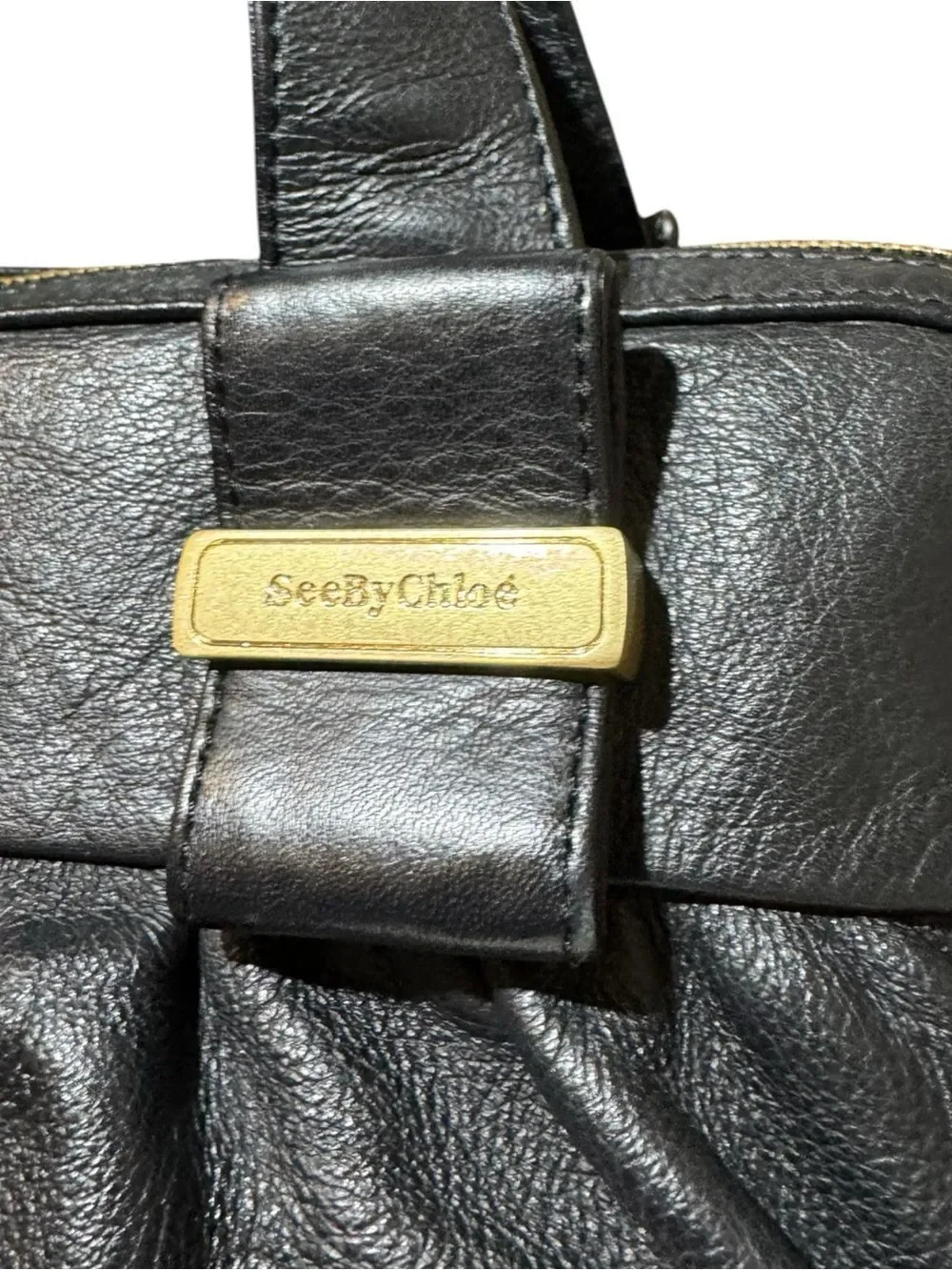 See by Chloe Black Leather Pleated Top Handle Bowler Boston 2way Satchel Auth